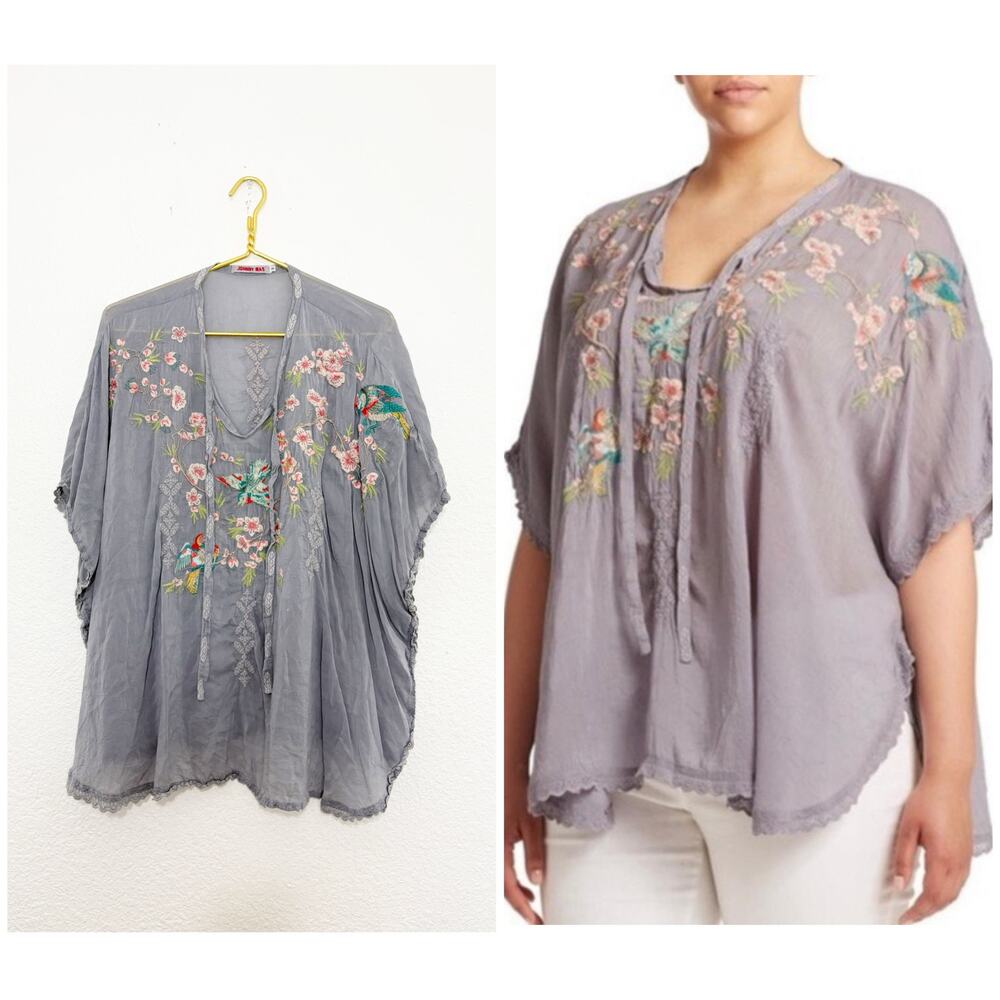 Johnny Was Embroidered Floral Sakura Dolman Batwing Sleeve Blouse Gray Small